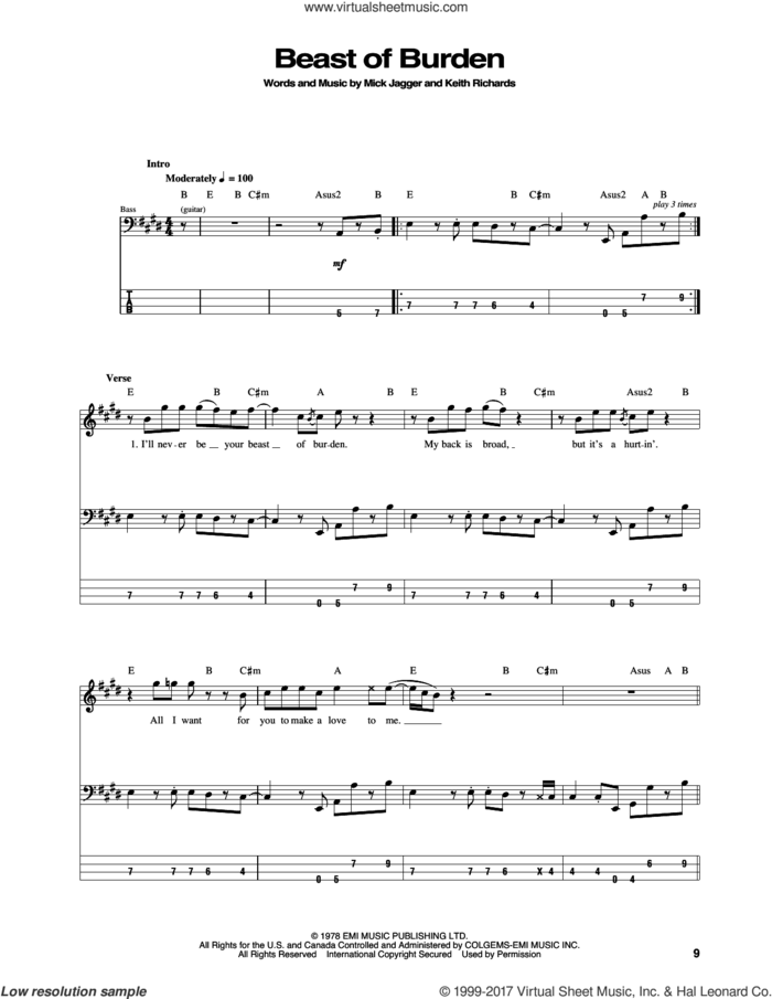 Beast Of Burden sheet music for bass (tablature) (bass guitar) by The Rolling Stones, Keith Richards and Mick Jagger, intermediate skill level