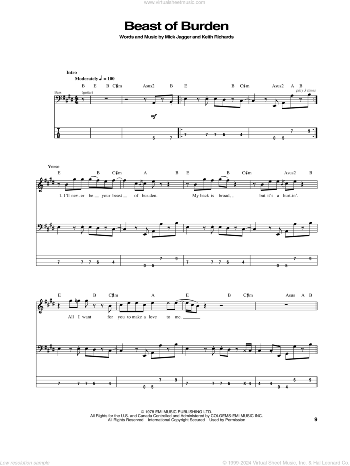 Beast Of Burden sheet music for bass (tablature) (bass guitar) by The Rolling Stones, Keith Richards and Mick Jagger, intermediate skill level