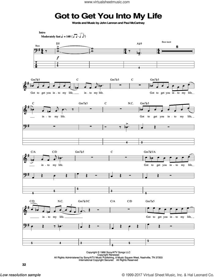 Got To Get You Into My Life sheet music for bass (tablature) (bass guitar) by The Beatles, John Lennon and Paul McCartney, intermediate skill level