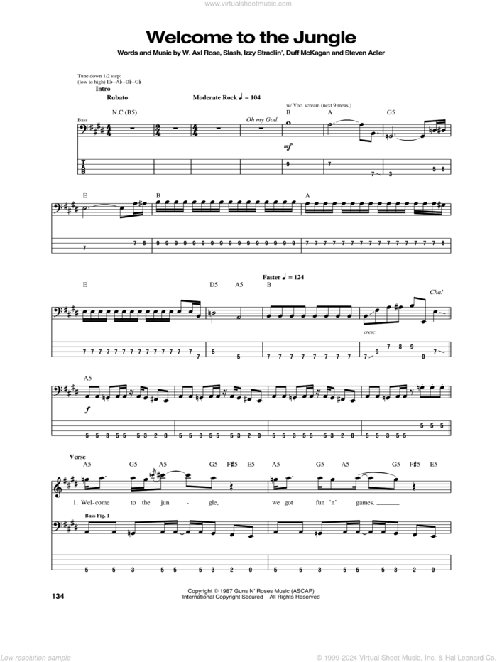 Welcome To The Jungle sheet music for bass (tablature) (bass guitar) by Guns N' Roses, Axl Rose, Duff McKagan, Slash and Steven Adler, intermediate skill level