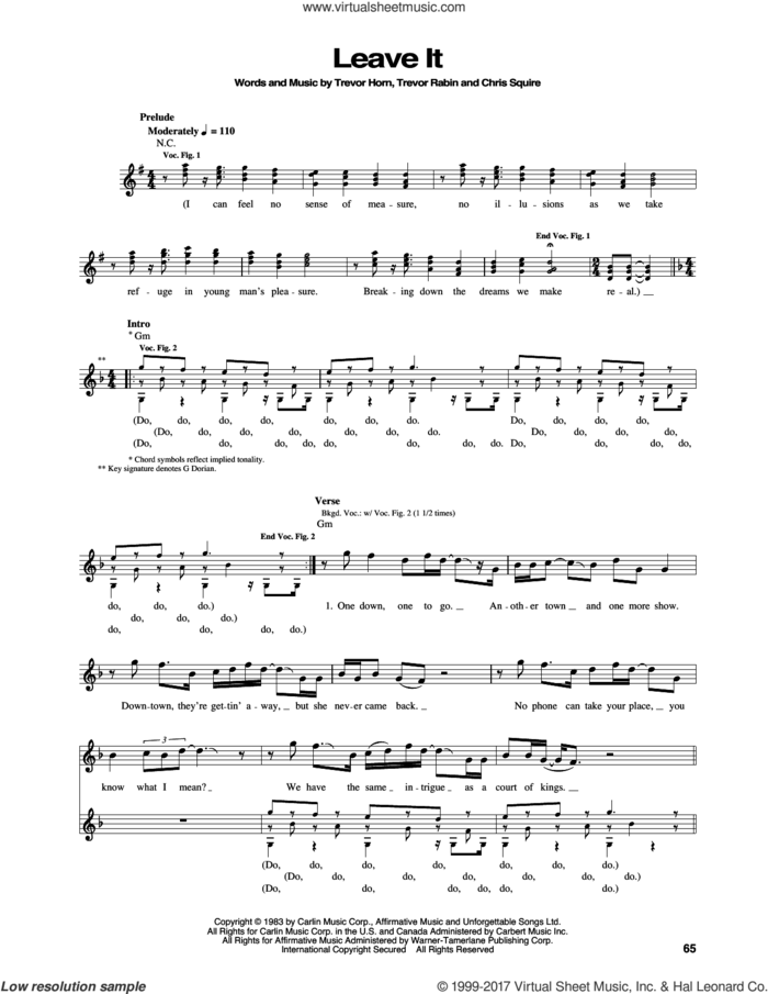 Leave It sheet music for bass (tablature) (bass guitar) by Yes, Chris Squire, Trevor Horn and Trevor Rabin, intermediate skill level