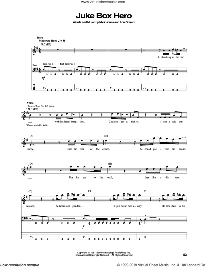 Juke Box Hero sheet music for bass (tablature) (bass guitar) by Foreigner, Lou Gramm and Mick Jones, intermediate skill level