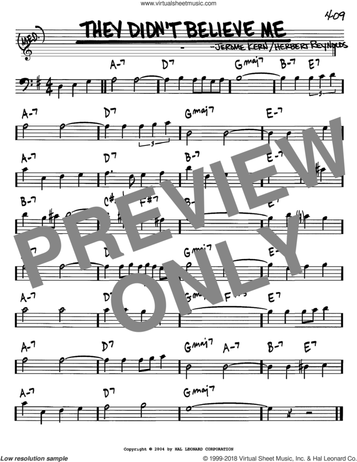 They Didn't Believe Me sheet music for voice and other instruments (bass clef) by Jerome Kern and Herbert Reynolds, intermediate skill level