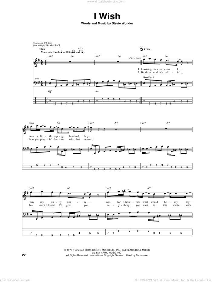 I Wish sheet music for bass (tablature) (bass guitar) by Stevie Wonder, intermediate skill level