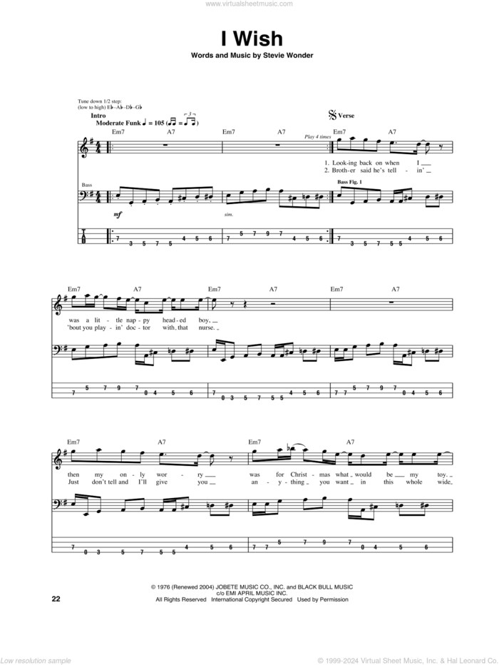 I Wish sheet music for bass (tablature) (bass guitar) by Stevie Wonder, intermediate skill level