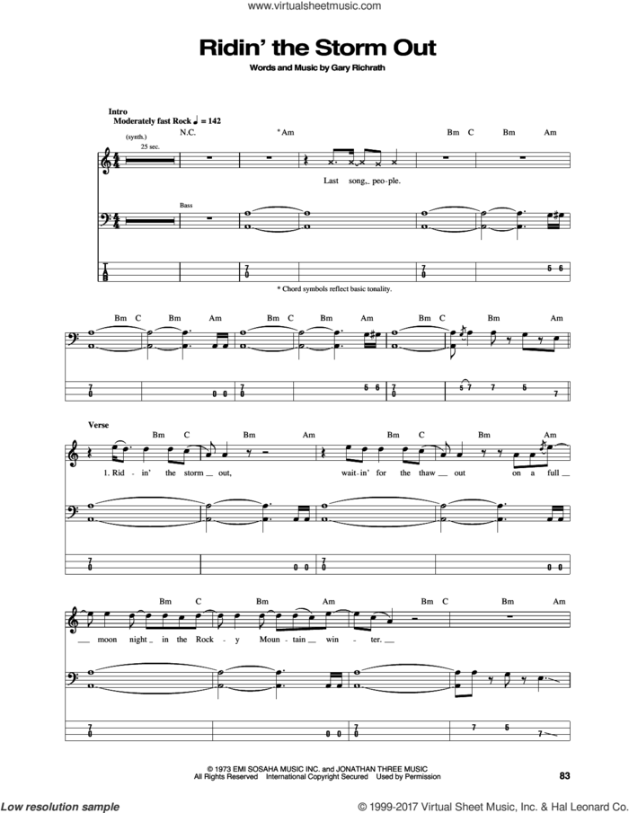 Ridin' The Storm Out sheet music for bass (tablature) (bass guitar) by REO Speedwagon and Gary Richrath, intermediate skill level