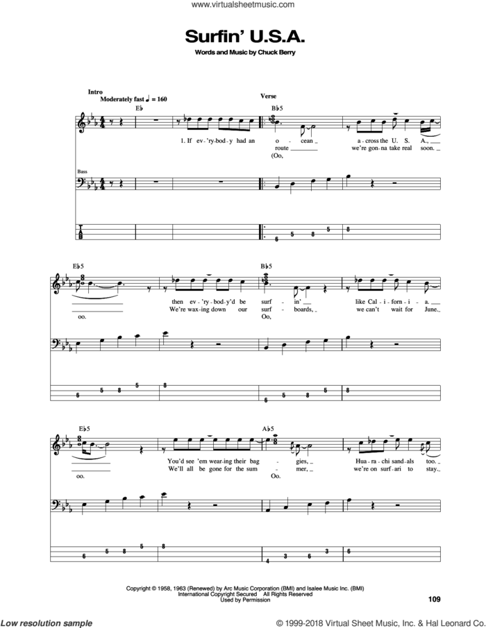 Surfin' U.S.A. sheet music for bass (tablature) (bass guitar) by The Beach Boys and Chuck Berry, intermediate skill level