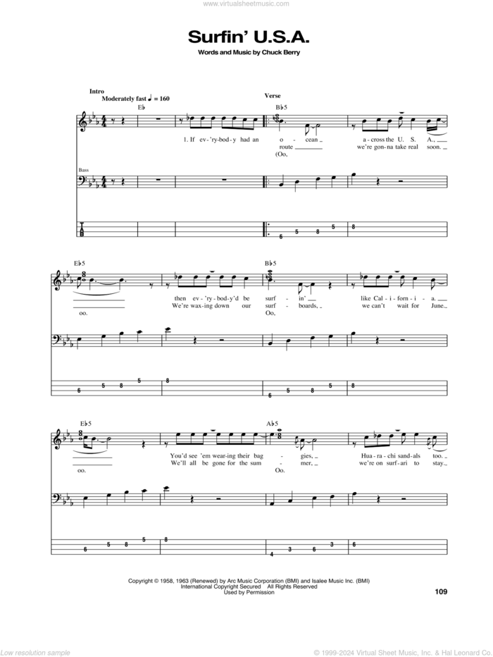 Surfin' U.S.A. sheet music for bass (tablature) (bass guitar) by The Beach Boys and Chuck Berry, intermediate skill level