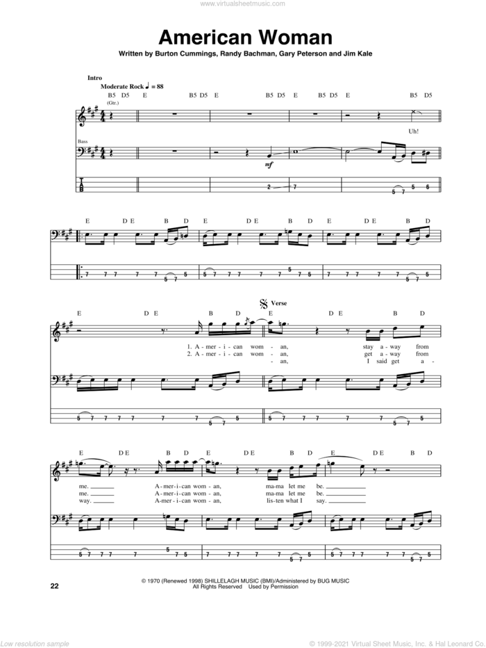 American Woman sheet music for bass (tablature) (bass guitar) by The Guess Who, Burton Cummings, Garry Peterson, Jim Kale and Randy Bachman, intermediate skill level