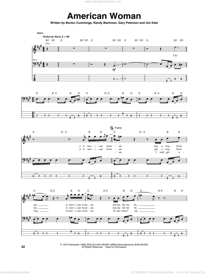 American Woman sheet music for bass (tablature) (bass guitar) by The Guess Who, Burton Cummings, Garry Peterson, Jim Kale and Randy Bachman, intermediate skill level