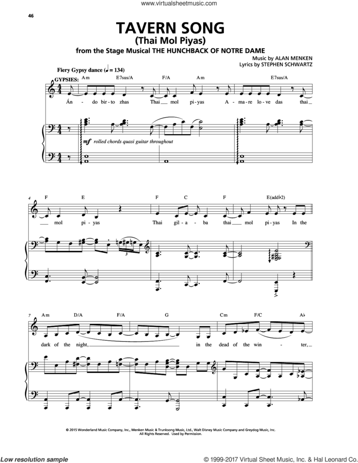 Tavern Song (Thai Mol Piyas) (from The Hunchback Of Notre Dame: A New Musical) sheet music for voice and piano by Alan Menken & Stephen Schwartz, Alan Menken and Stephen Schwartz, intermediate skill level