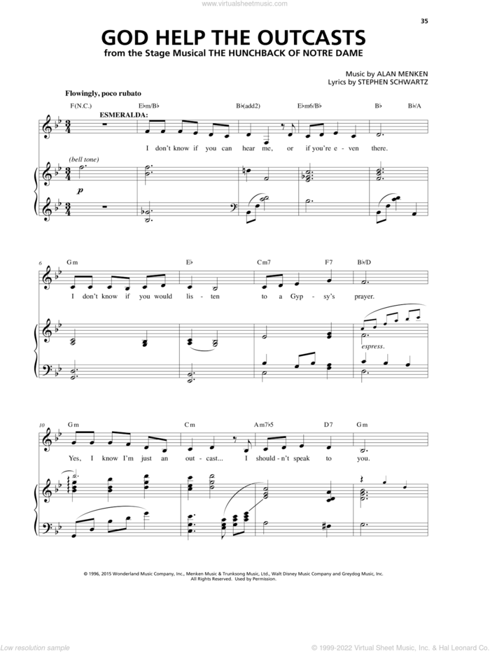 God Help The Outcasts sheet music for voice and piano by Alan Menken and Stephen Schwartz, intermediate skill level