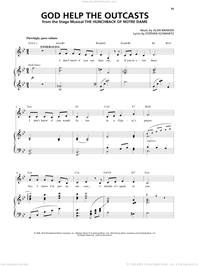 God Help The Outcasts (from The Hunchback Of Notre Dame: A New Musical) sheet music for voice and piano by Alan Menken & Stephen Schwartz, Alan Menken and Stephen Schwartz, intermediate skill level