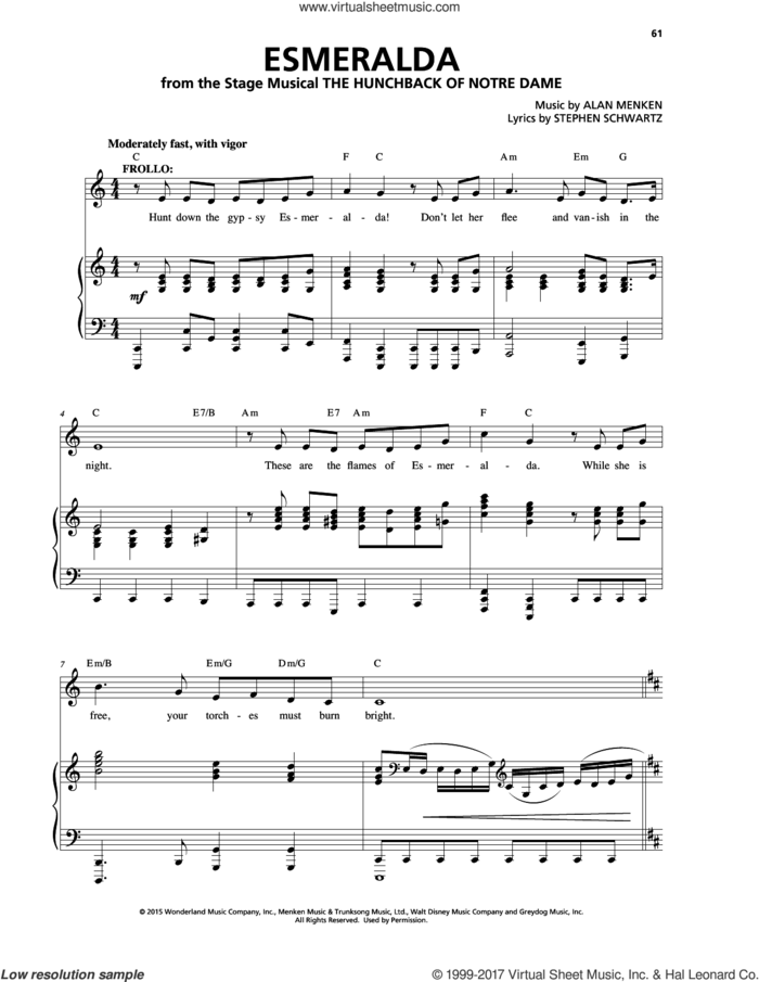 Esmeralda (from The Hunchback Of Notre Dame: A New Musical) sheet music for voice and piano by Alan Menken & Stephen Schwartz, Alan Menken and Stephen Schwartz, intermediate skill level