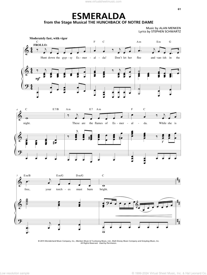 Esmeralda (from The Hunchback Of Notre Dame: A New Musical) sheet music for voice and piano by Alan Menken & Stephen Schwartz, Alan Menken and Stephen Schwartz, intermediate skill level