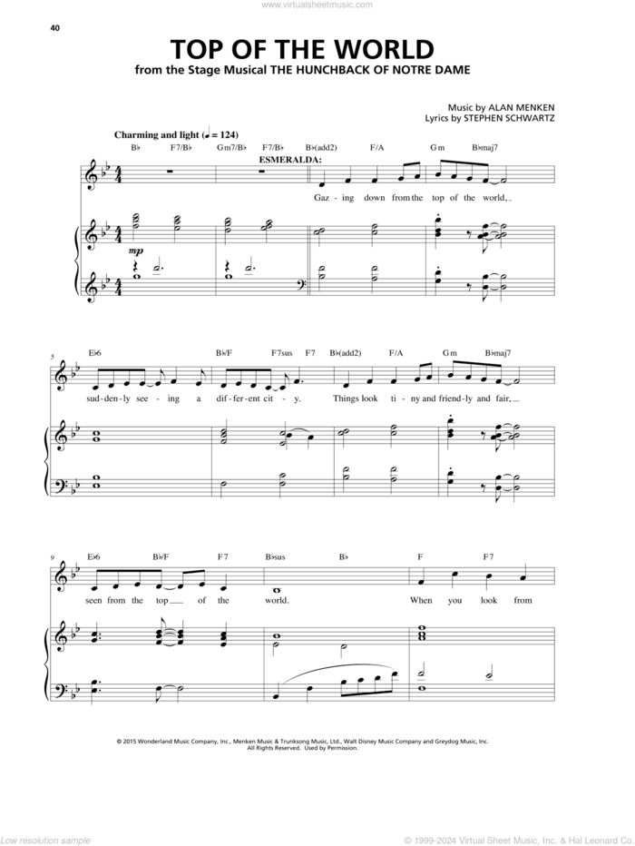 Top Of The World (from The Hunchback Of Notre Dame: A New Musical) sheet music for voice and piano by Alan Menken & Stephen Schwartz, Alan Menken and Stephen Schwartz, intermediate skill level