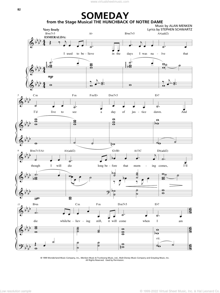 Someday (from The Hunchback Of Notre Dame: A New Musical) sheet music for voice and piano by Alan Menken & Stephen Schwartz, Alan Menken and Stephen Schwartz, intermediate skill level