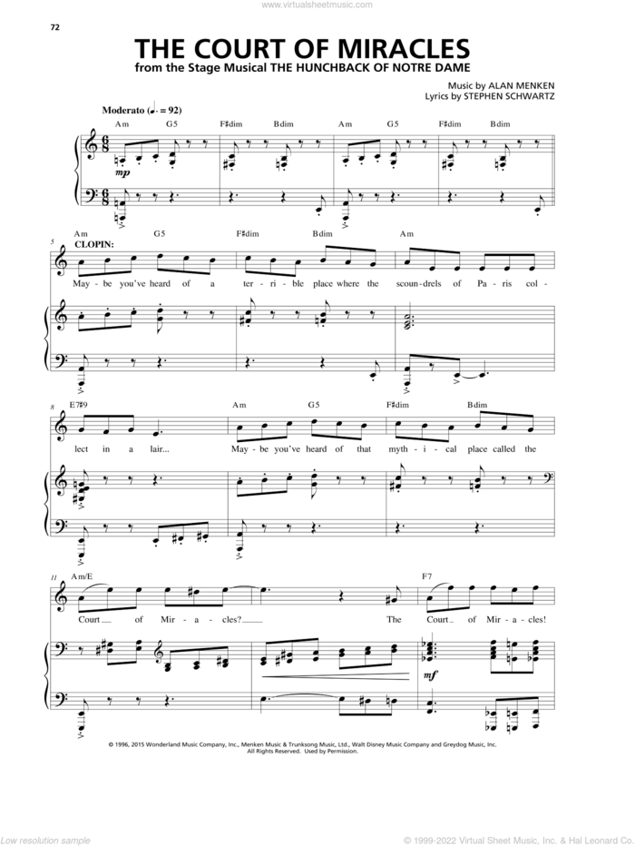 The Court Of Miracles (from The Hunchback Of Notre Dame: A New Musical) sheet music for voice and piano by Alan Menken & Stephen Schwartz, Alan Menken and Stephen Schwartz, intermediate skill level