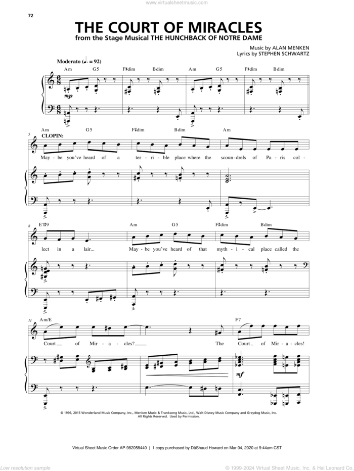 The Court Of Miracles (from The Hunchback Of Notre Dame: A New Musical) sheet music for voice and piano by Alan Menken & Stephen Schwartz, Alan Menken and Stephen Schwartz, intermediate skill level