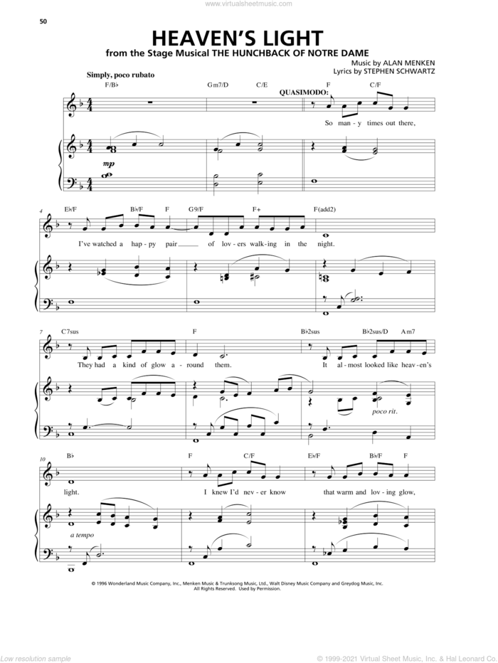 Heaven's Light sheet music for voice and piano by Alan Menken and Stephen Schwartz, intermediate skill level