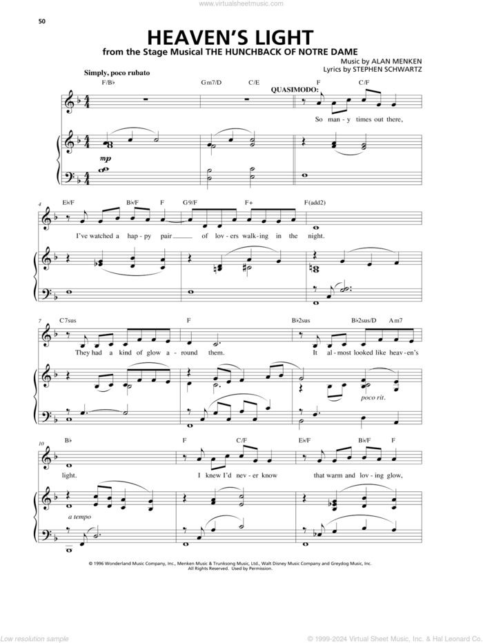 Heaven's Light sheet music for voice and piano by Alan Menken and Stephen Schwartz, intermediate skill level