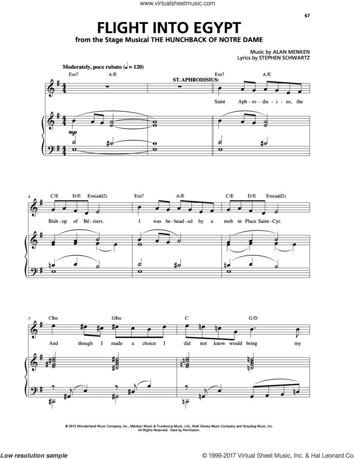 Flight Into Egypt (from The Hunchback Of Notre Dame: A New Musical) sheet music for voice and piano by Alan Menken & Stephen Schwartz, Alan Menken and Stephen Schwartz, intermediate skill level
