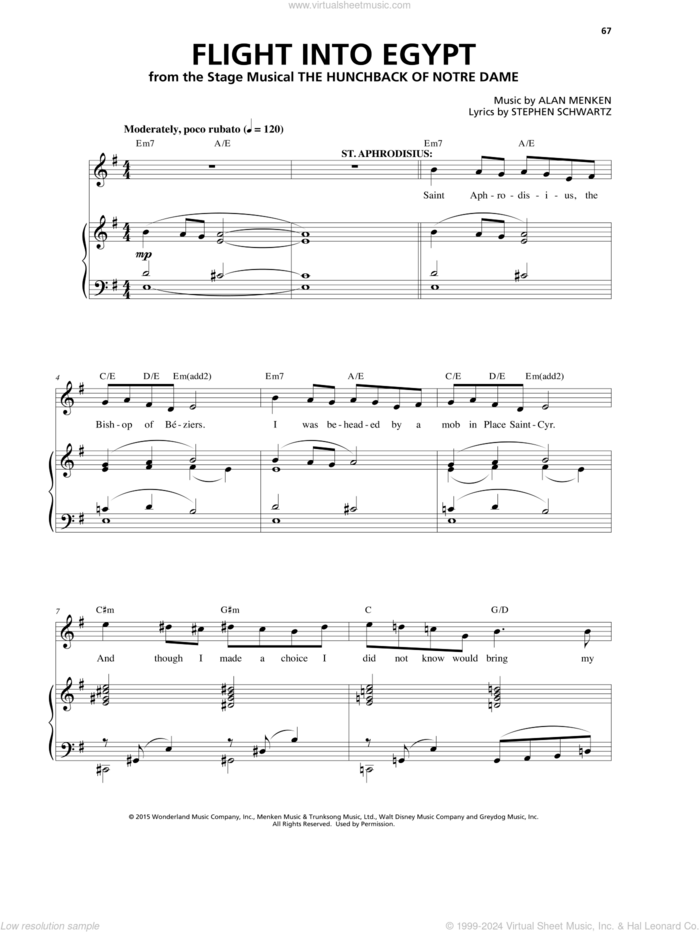 Flight Into Egypt (from The Hunchback Of Notre Dame: A New Musical) sheet music for voice and piano by Alan Menken & Stephen Schwartz, Alan Menken and Stephen Schwartz, intermediate skill level