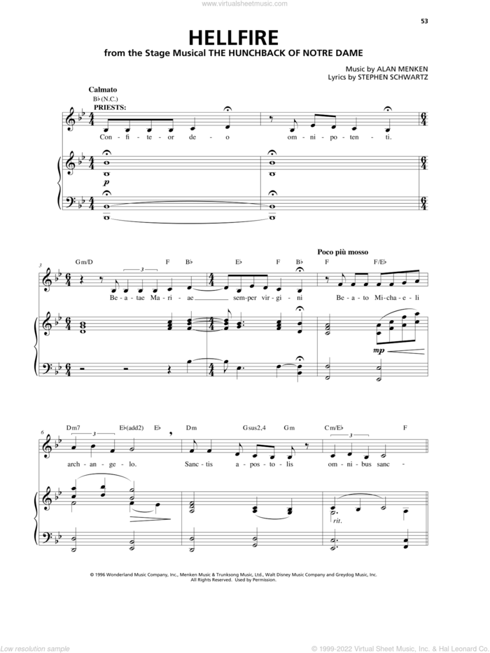 Hellfire (from The Hunchback Of Notre Dame: A New Musical) sheet music for voice and piano by Alan Menken, Alan Menken & Stephen Schwartz and Stephen Schwartz, intermediate skill level
