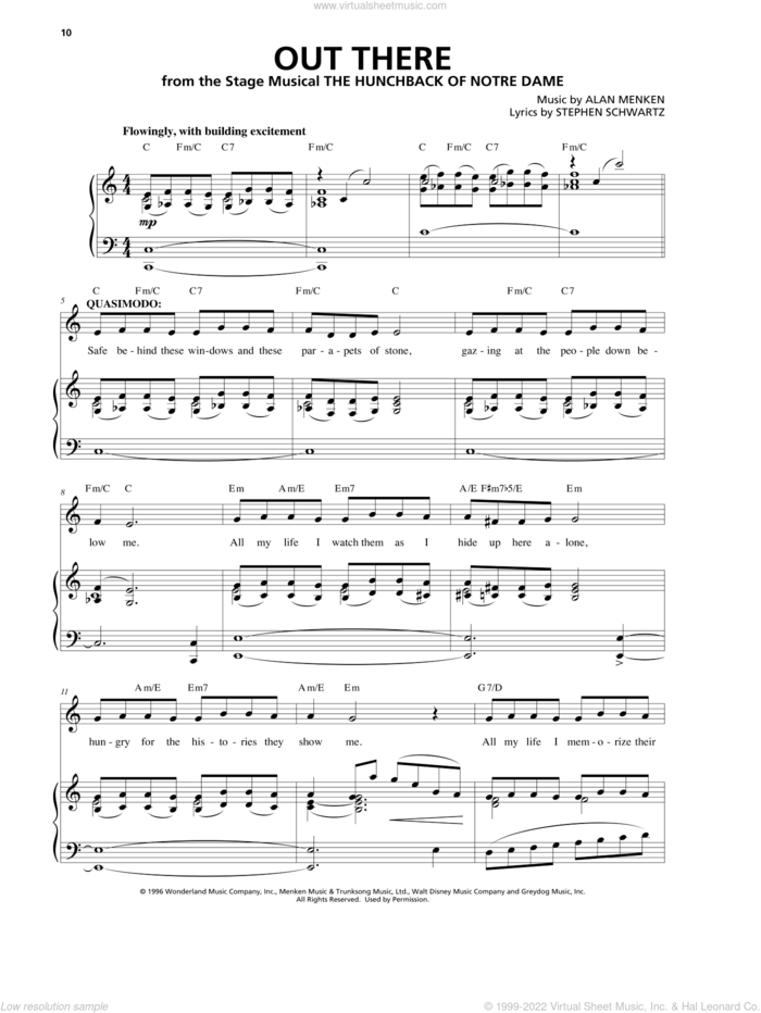 Out There (from the musical The Hunchback of Notre Dame) sheet music for voice and piano by Alan Menken, Alan Menken & Stephen Schwartz and Stephen Schwartz, intermediate skill level