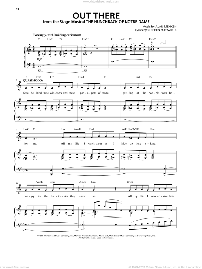 Out There (from The Hunchback Of Notre Dame: A New Musical) sheet music for voice and piano by Alan Menken, Alan Menken & Stephen Schwartz and Stephen Schwartz, intermediate skill level