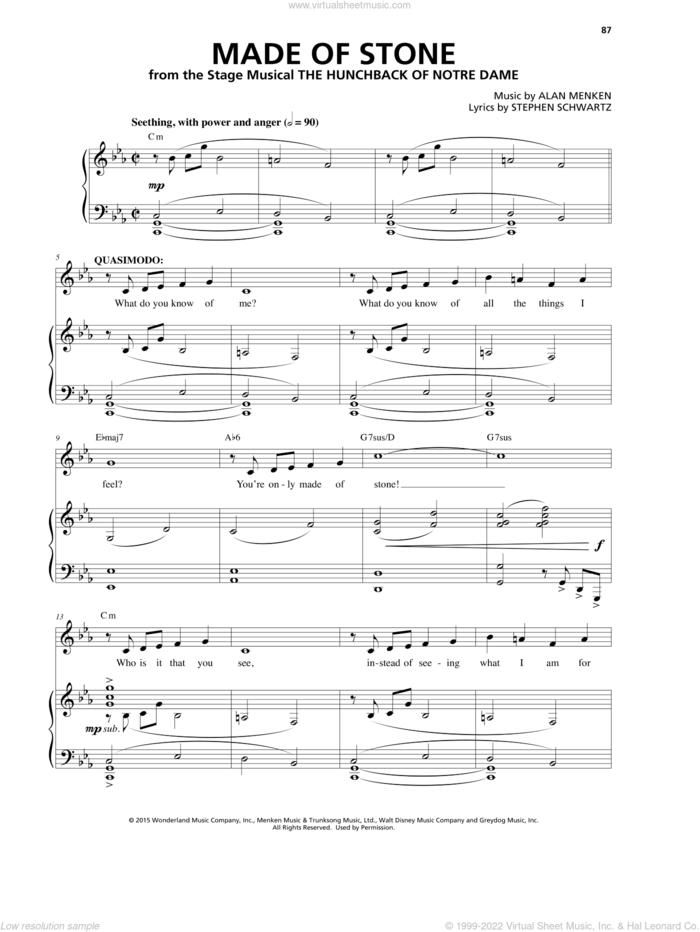 Made Of Stone (from The Hunchback Of Notre Dame: A New Musical) sheet music for voice and piano by Alan Menken & Stephen Schwartz, Alan Menken and Stephen Schwartz, intermediate skill level