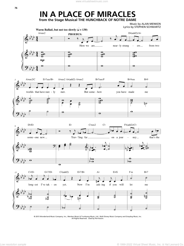 In A Place Of Miracles (from The Hunchback Of Notre Dame: A New Musical) sheet music for voice and piano by Alan Menken & Stephen Schwartz, Alan Menken and Stephen Schwartz, intermediate skill level