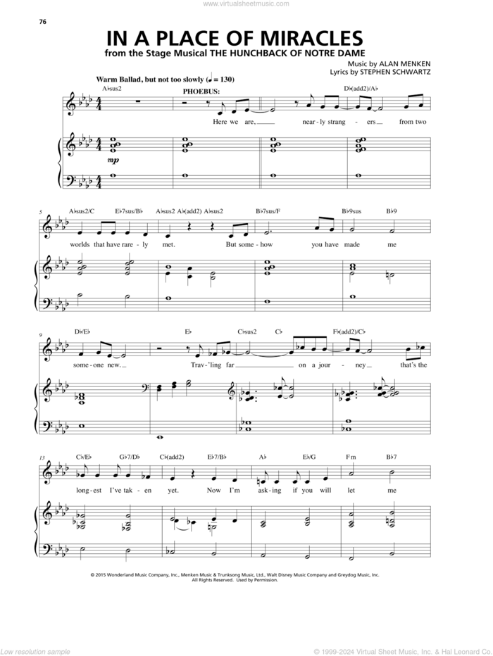 In A Place Of Miracles (from The Hunchback Of Notre Dame: A New Musical) sheet music for voice and piano by Alan Menken & Stephen Schwartz, Alan Menken and Stephen Schwartz, intermediate skill level