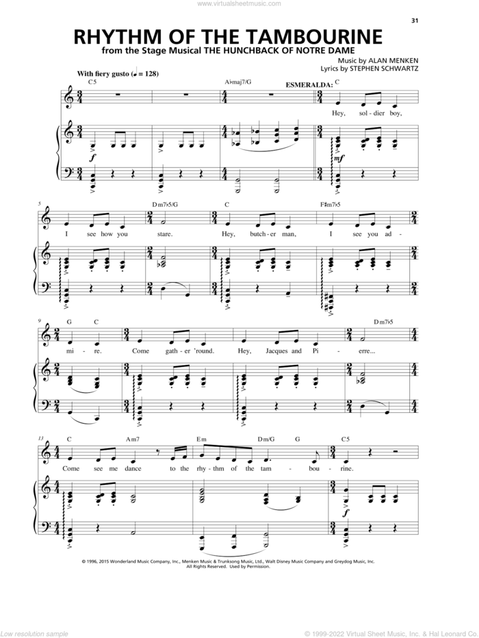 Rhythm Of The Tambourine (from The Hunchback Of Notre Dame: A New Musical) sheet music for voice and piano by Alan Menken & Stephen Schwartz, Alan Menken and Stephen Schwartz, intermediate skill level