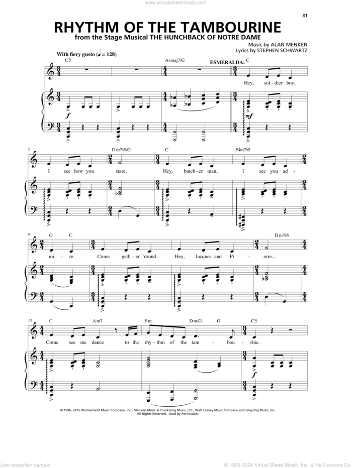 Rhythm Of The Tambourine (from The Hunchback Of Notre Dame: A New Musical) sheet music for voice and piano by Alan Menken & Stephen Schwartz, Alan Menken and Stephen Schwartz, intermediate skill level