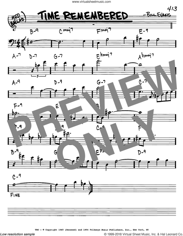 Time Remembered sheet music for voice and other instruments (bass clef) by Bill Evans, intermediate skill level