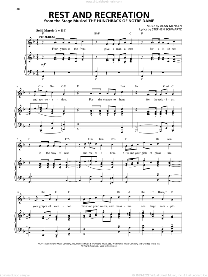 Rest And Recreation (from The Hunchback Of Notre Dame: A New Musical) sheet music for voice and piano by Alan Menken & Stephen Schwartz, Alan Menken and Stephen Schwartz, intermediate skill level