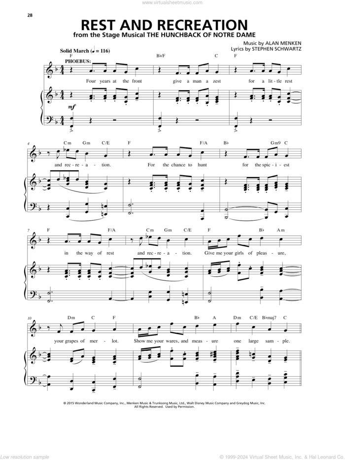 Rest And Recreation (from The Hunchback Of Notre Dame: A New Musical) sheet music for voice and piano by Alan Menken & Stephen Schwartz, Alan Menken and Stephen Schwartz, intermediate skill level