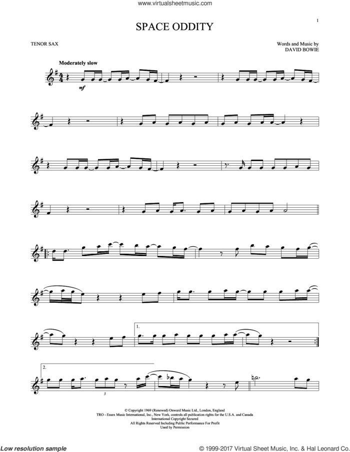 Space Oddity sheet music for tenor saxophone solo by David Bowie, intermediate skill level
