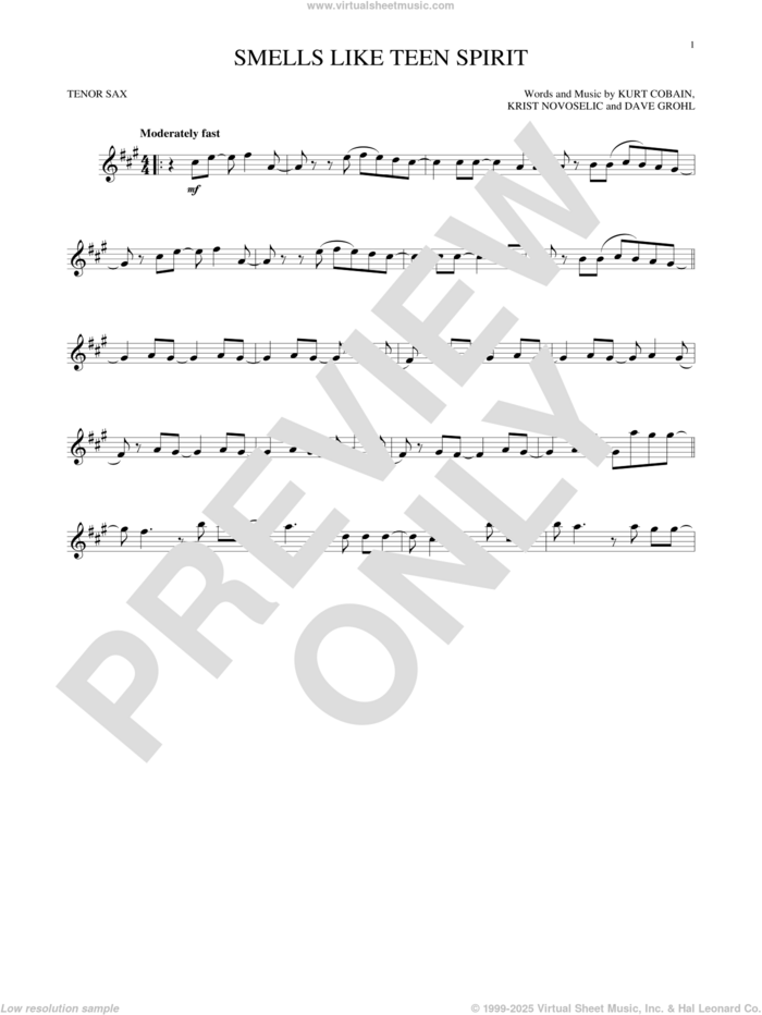 Smells Like Teen Spirit sheet music for tenor saxophone solo by Nirvana, Dave Grohl, Krist Novoselic and Kurt Cobain, intermediate skill level