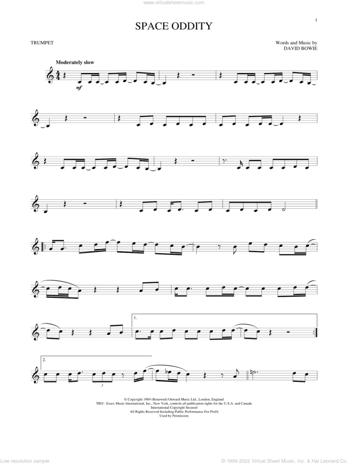 Space Oddity sheet music for trumpet solo by David Bowie, intermediate skill level