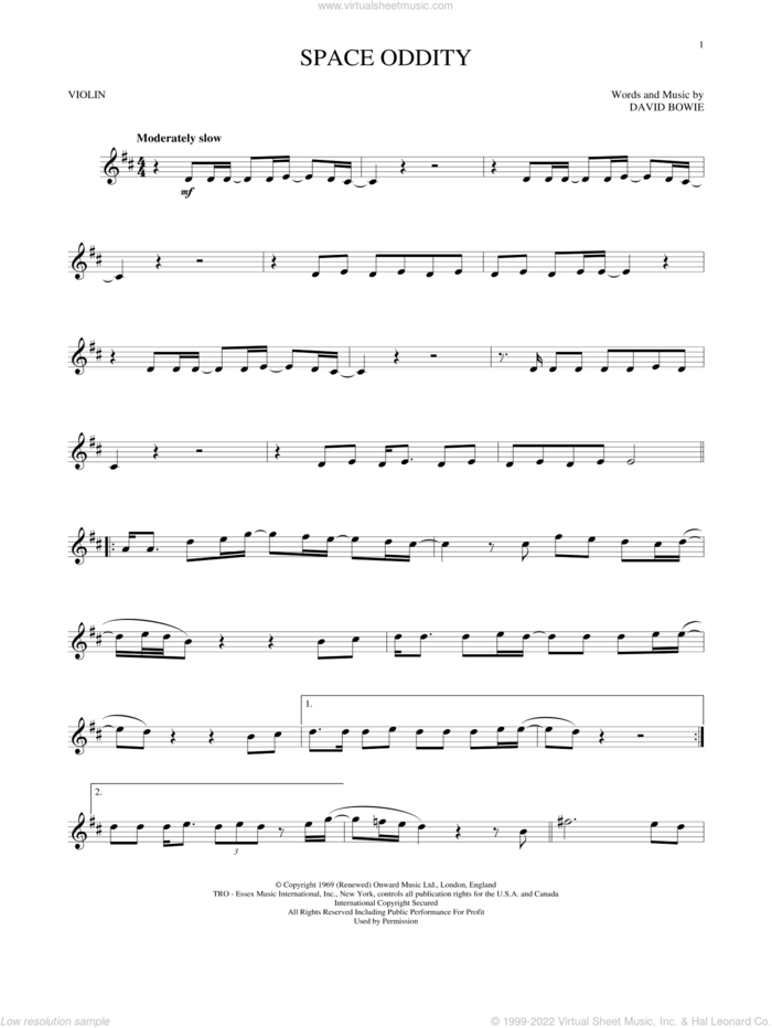 Space Oddity sheet music for violin solo by David Bowie, intermediate skill level