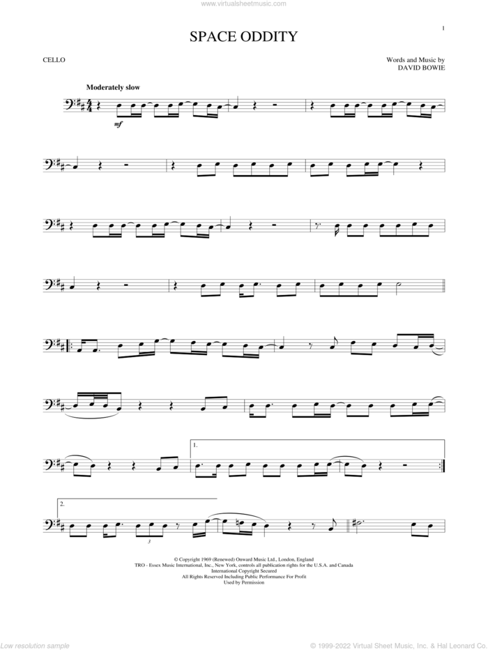 Space Oddity sheet music for cello solo by David Bowie, intermediate skill level