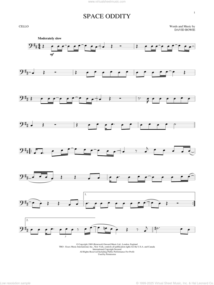 Space Oddity sheet music for cello solo by David Bowie, intermediate skill level