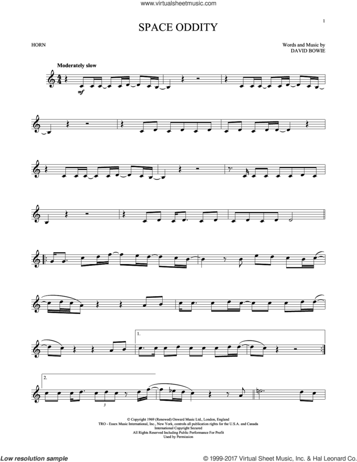 Space Oddity sheet music for horn solo by David Bowie, intermediate skill level