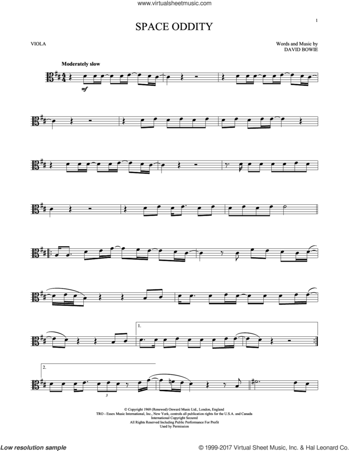 Space Oddity sheet music for viola solo by David Bowie, intermediate skill level