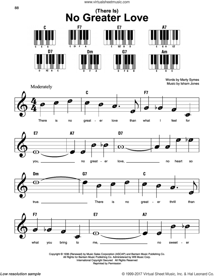 (There Is) No Greater Love sheet music for piano solo by Isham Jones and Marty Symes, beginner skill level