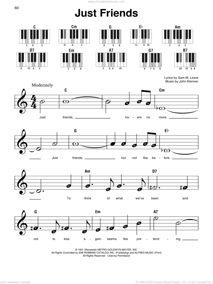 Just Friends sheet music for piano solo by Sam Lewis and John Klenner, beginner skill level