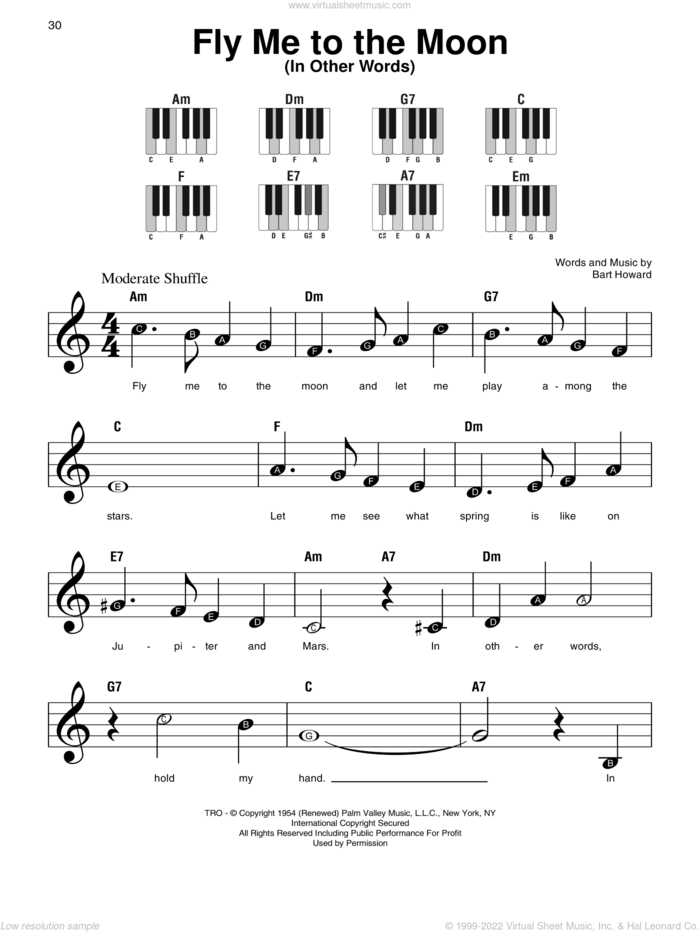 Fly Me To The Moon (In Other Words) sheet music for piano solo by Bart Howard and Tony Bennett, wedding score, beginner skill level