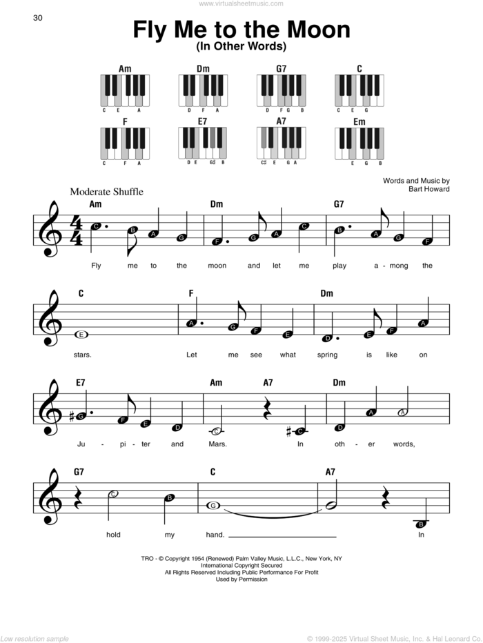 Fly Me To The Moon (In Other Words) sheet music for piano solo by Bart Howard and Tony Bennett, wedding score, beginner skill level